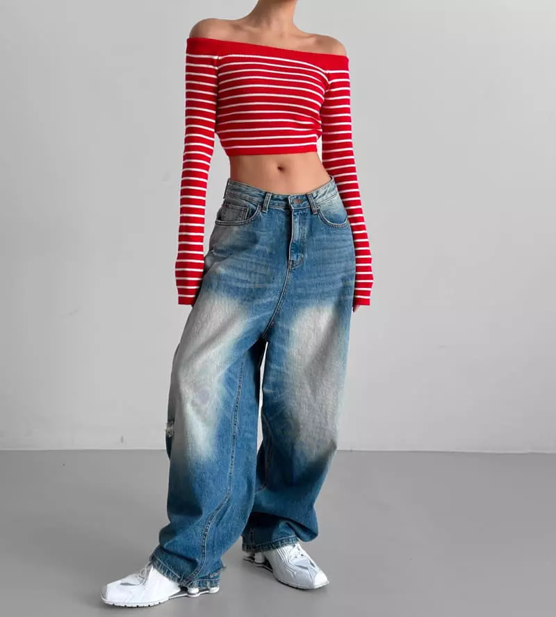 Paper Moon - Korean Women Fashion - #romanticstyle - Vintage Blue Distressed Damage Wash Wide Leg Jeans - 9