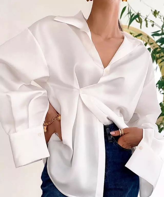 Paper Moon - Korean Women Fashion - #momslook - Silky Wrap Unbalance Blouse - 4