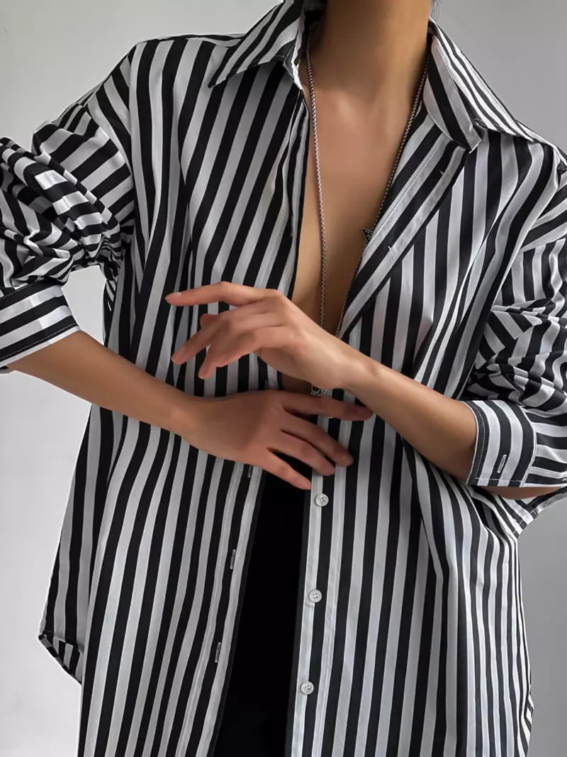 Paper Moon - Korean Women Fashion - #womensfashion - Stripes Pattern Oversize Down Shirt - 7