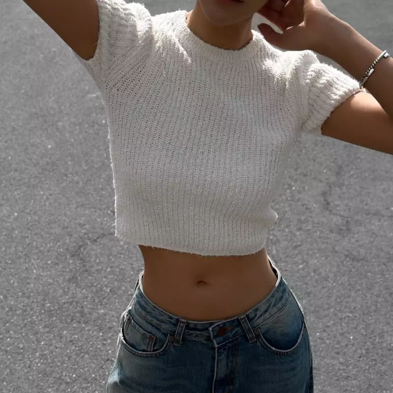 Paper Moon - Korean Women Fashion - #womensfashion - Fuzzy Hair Cropped Knit Top