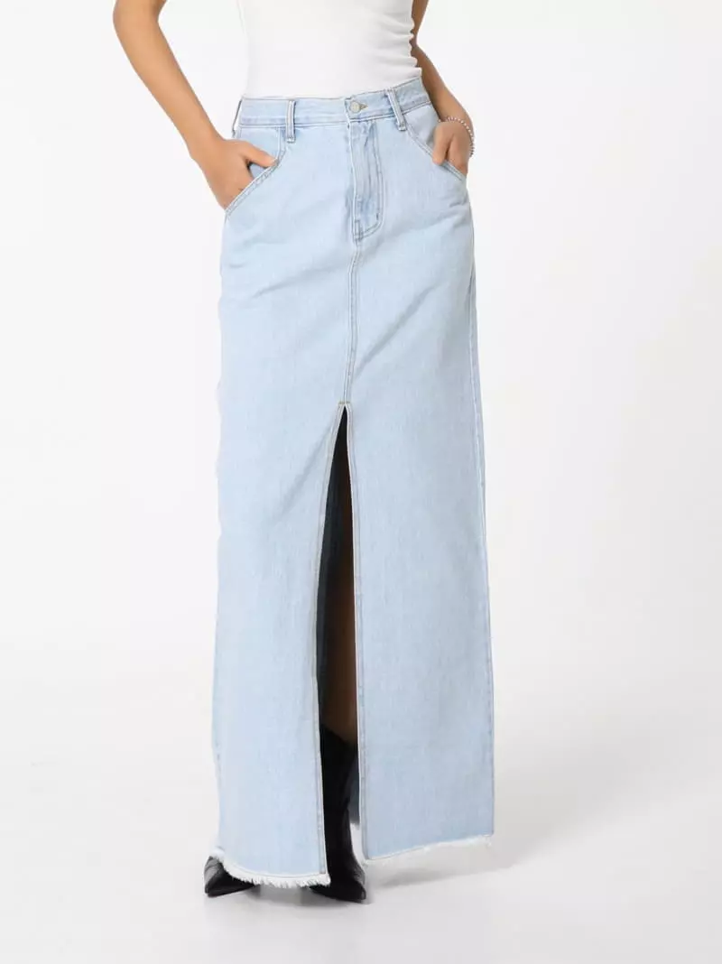 Paper Moon - Korean Women Fashion - #womensfashion - iced blue maxi front slit flared denim skirt - 12