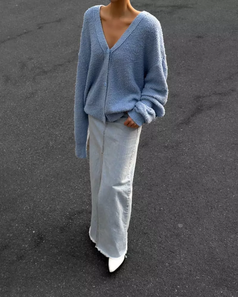 Paper Moon - Korean Women Fashion - #womensfashion - iced blue maxi front slit flared denim skirt - 2