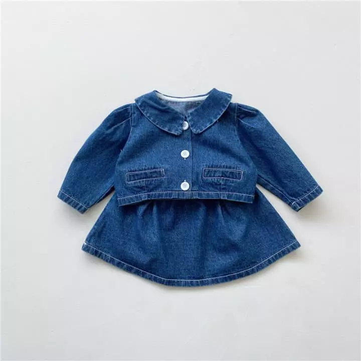 Reve Kid - Korean Baby Fashion - #babyclothing - Bebe Denim Skirt Top Bottom Set - 3