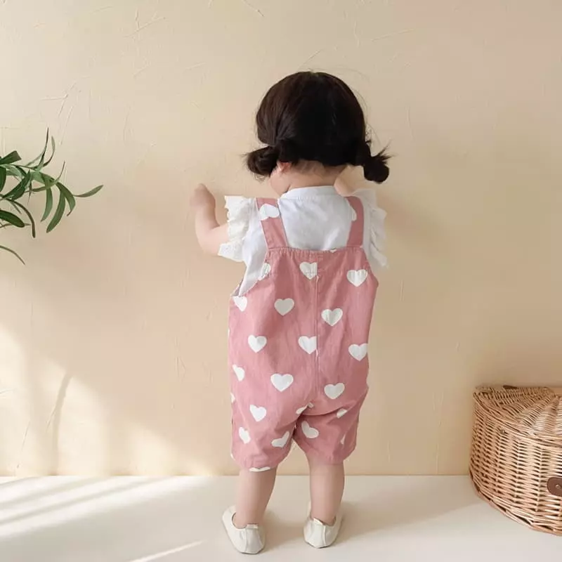 Reve Kid - Korean Baby Fashion - #babyfever - Heart Dungarees Frill Tee Set