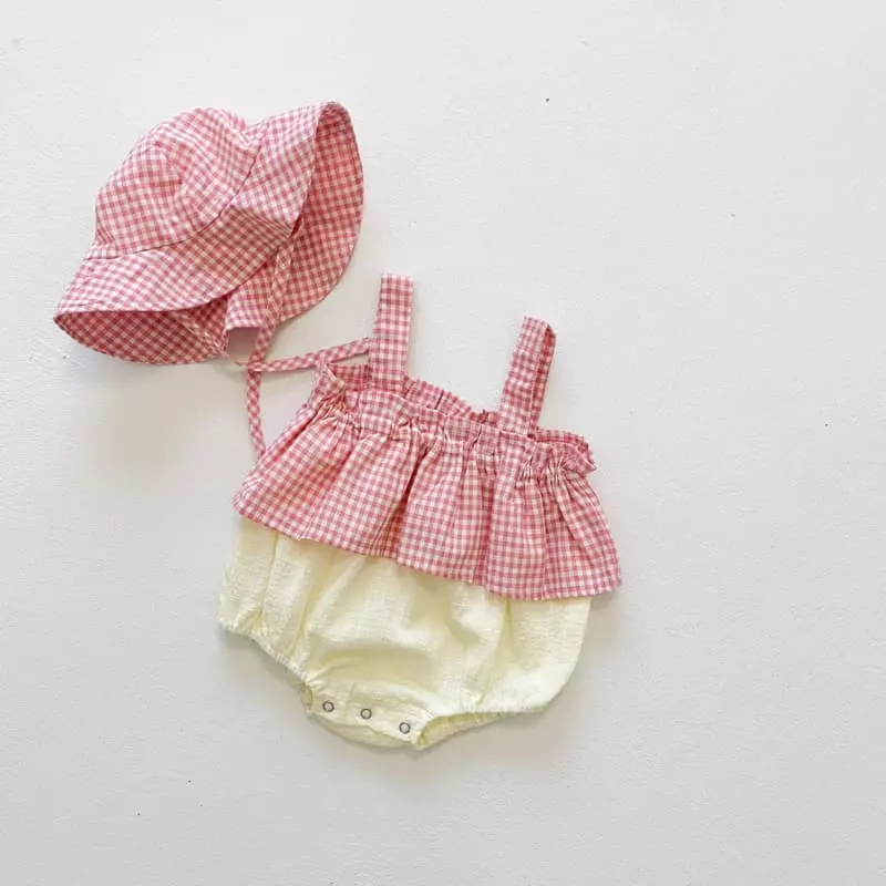 Reve Kid - Korean Baby Fashion - #babywear - Check Sleeveless Bodysuit Bucket Hat Set