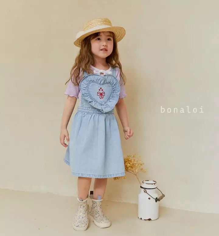 Bonaloi - Korean Children Fashion - #todddlerfashion - Heart Frill Denim One-piece - 6
