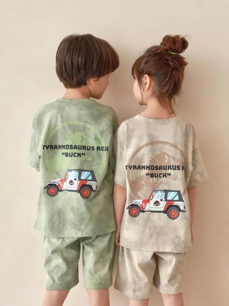 Fashion King - Korean Children Fashion - #toddlerclothing - Jurassic Water Paint Top Bottom Set - 2