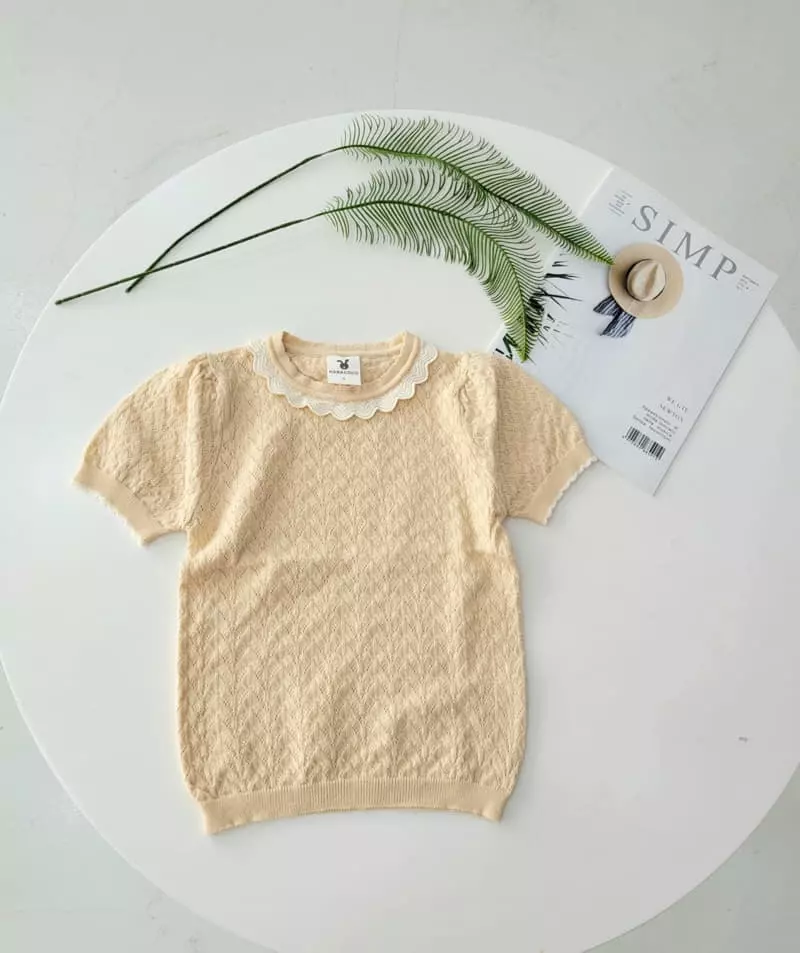Hanacoco - Korean Children Fashion - #kidsshorts - Lace Eyelet Knit Tee - 2