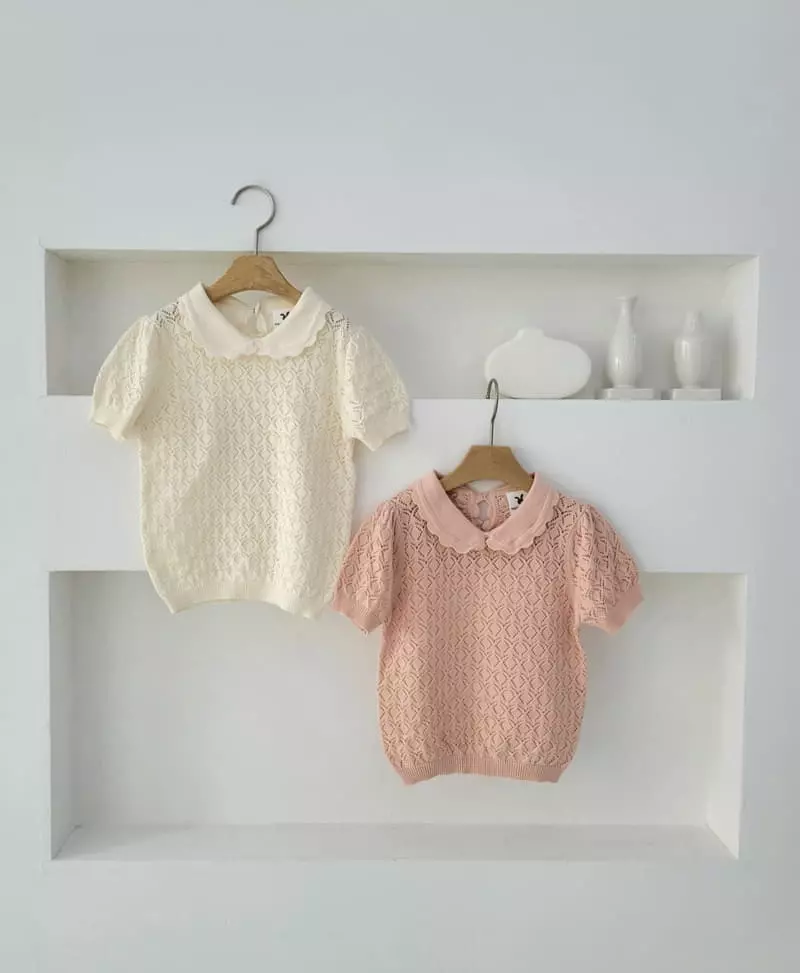 Hanacoco - Korean Children Fashion - #todddlerfashion - Collar Eyelet Knit Tee - 6
