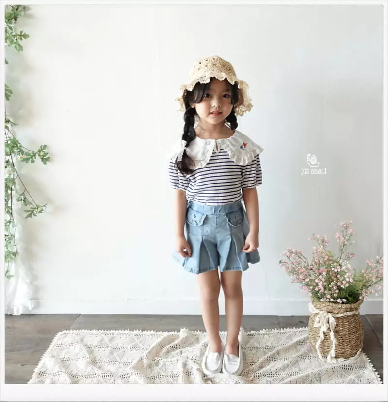 JM Snail - Korean Children Fashion - #littlefashionista - Collar Flower Embrodiery Stripes Tee - 5