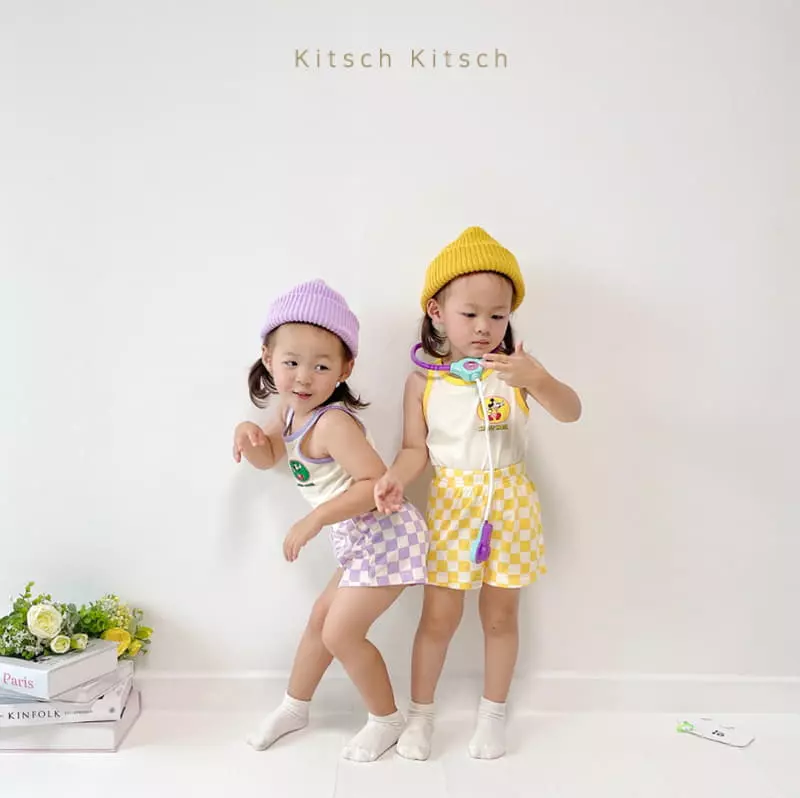 Kitsch Kitsch - Korean Children Fashion - #toddlerclothing - Check In And Out Sleeveless Tee Bottom Set