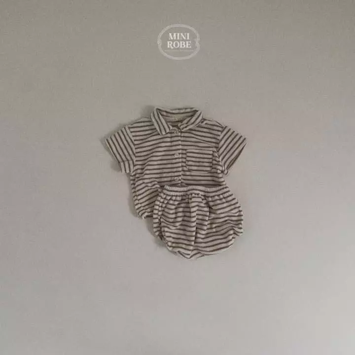 Mini Robe - Korean Baby Fashion - #babyootd - Terry Stripes Top Bottom Set - 2