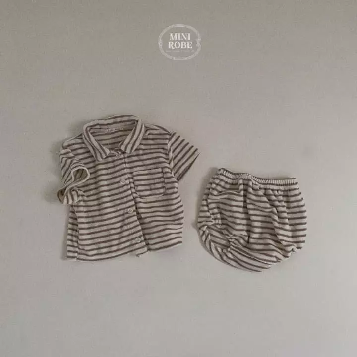 Mini Robe - Korean Baby Fashion - #babyoutfit - Terry Stripes Top Bottom Set - 3