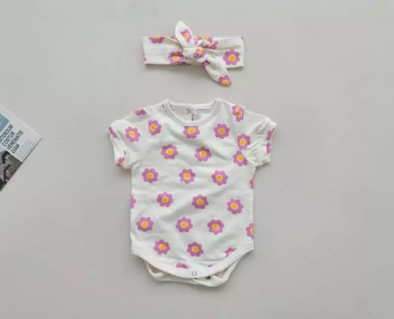 Moran - Korean Baby Fashion - #babyclothing - Mong Flower Bodysuit with Hairband - 4
