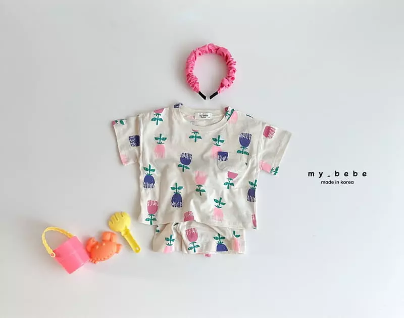 My Bebe - Korean Children Fashion - #Kfashion4kids - Raccoon Flower Top Bottom Set - 12