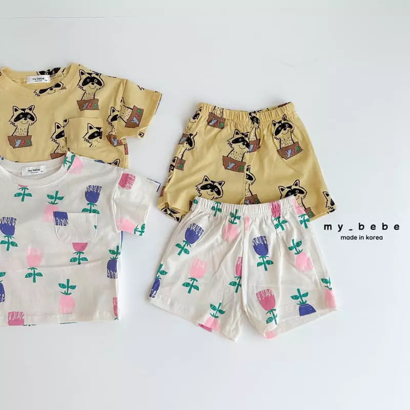 My Bebe - Korean Children Fashion - #prettylittlegirls - Raccoon Flower Top Bottom Set - 2