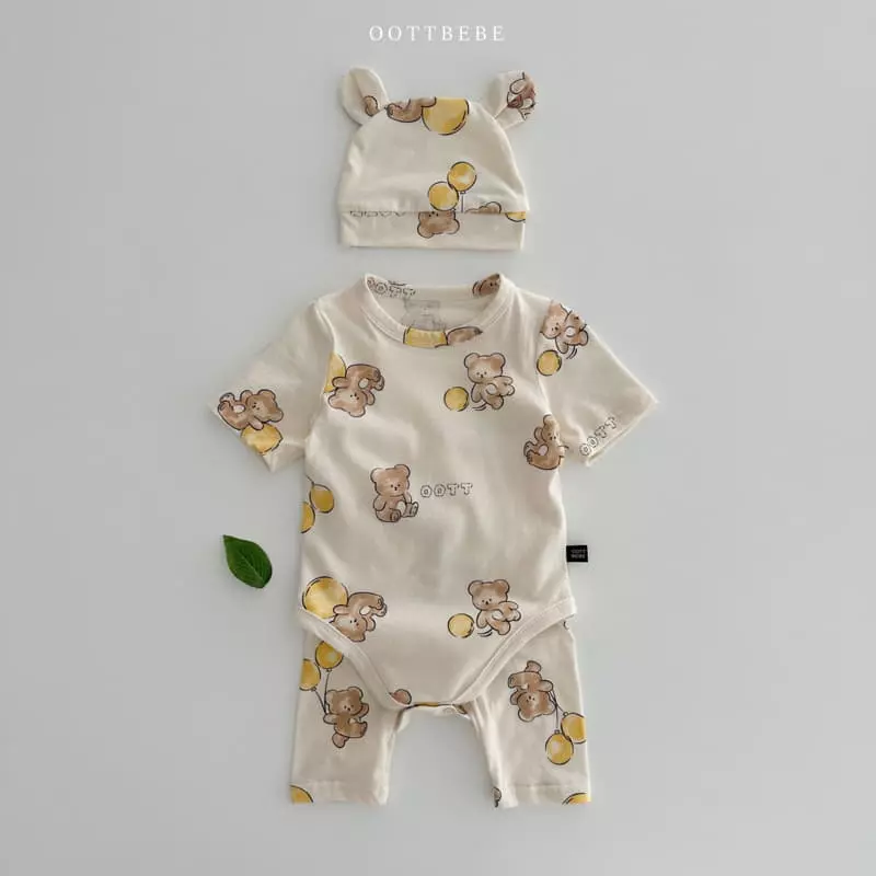 Oott Bebe - Korean Baby Fashion - #onlinebabyshop - Ballon Bodysuit Leggings Bonnet Set