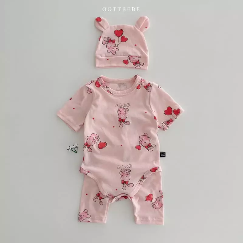 Oott Bebe - Korean Baby Fashion - #smilingbaby - Ballon Bodysuit Leggings Bonnet Set - 2