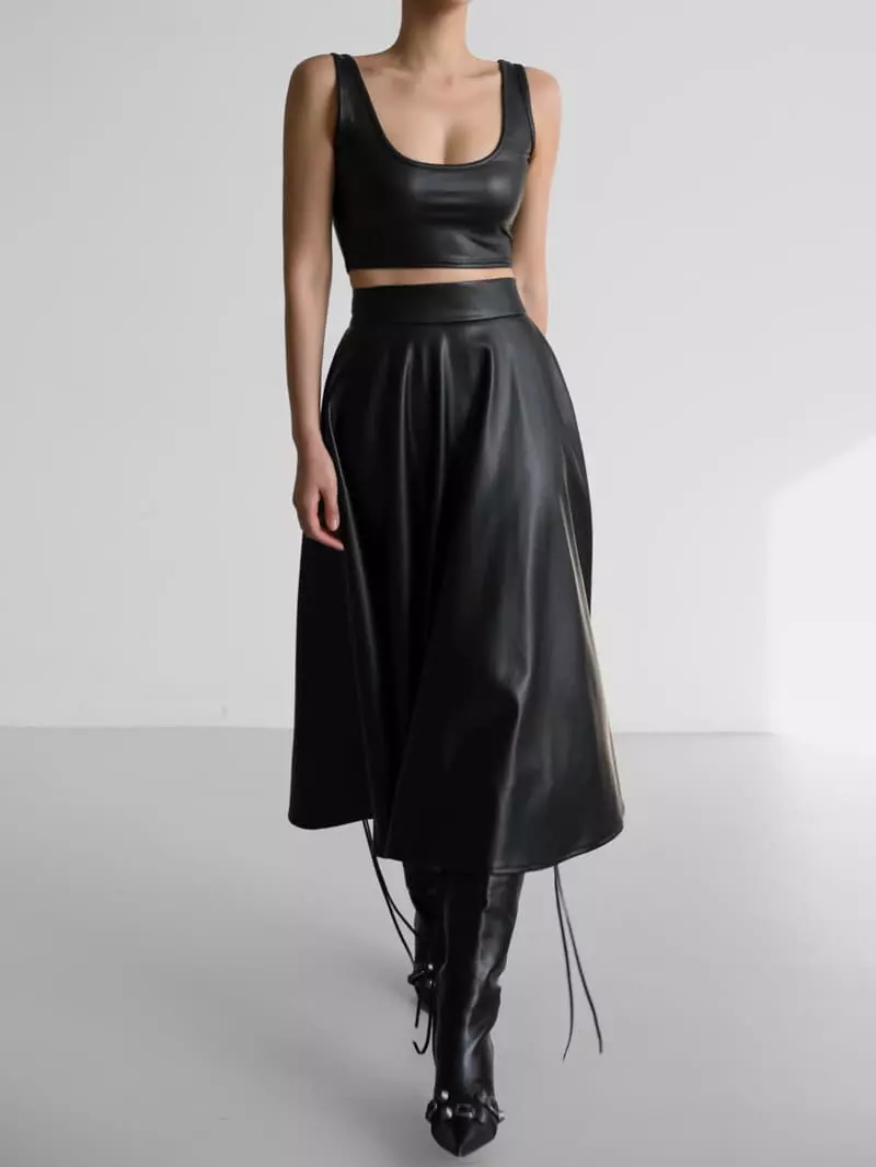 Paper Moon - Korean Women Fashion - #momslook - Vegan Leather A Line Flared Midi Skirt - 11