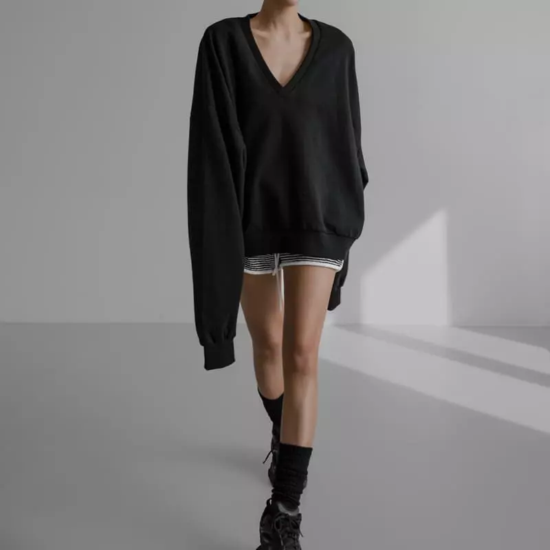 Paper Moon - Korean Women Fashion - #shopsmall - V Neck Oversized Sweatshirt - 6
