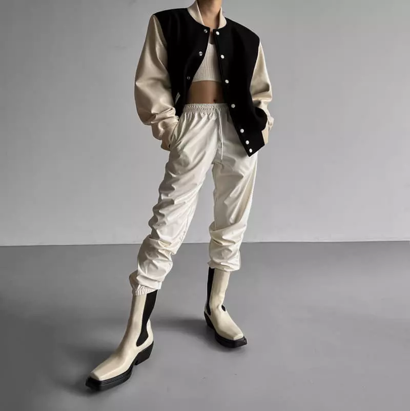 Paper Moon - Korean Women Fashion - #womensfashion - Classic Leather Sleeve Stadium Jacket - 5