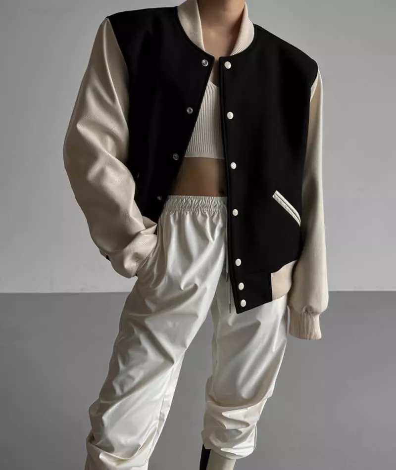 Paper Moon - Korean Women Fashion - #womensfashion - Classic Leather Sleeve Stadium Jacket - 7