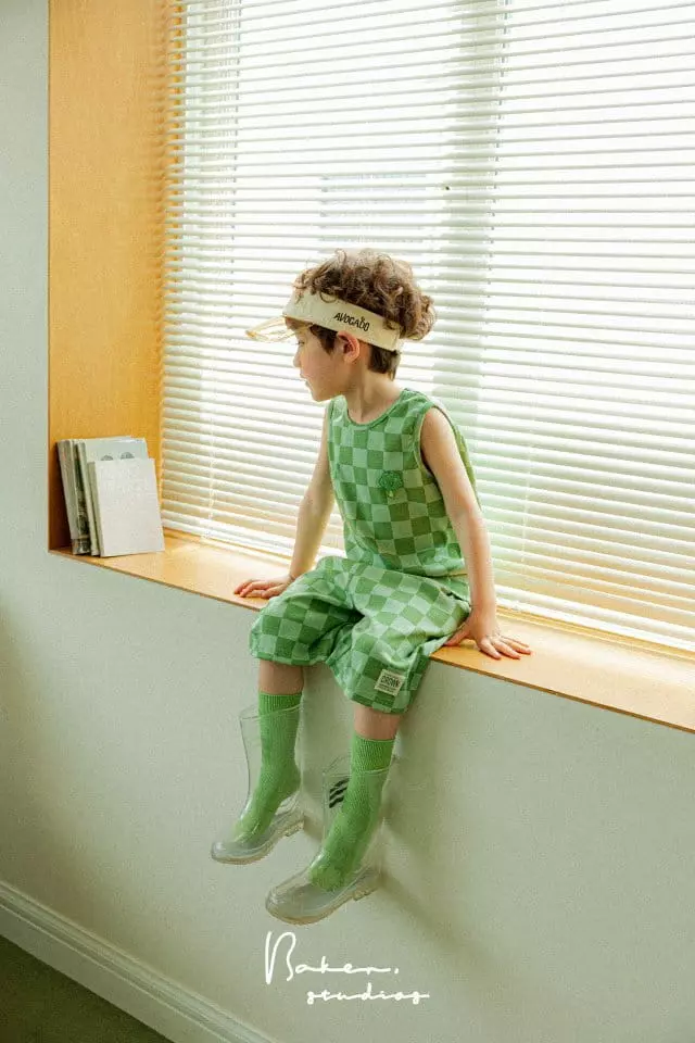 Baker - Korean Children Fashion - #Kfashion4kids - Broccoli Check Sleeveless Top Bottom Set - 5