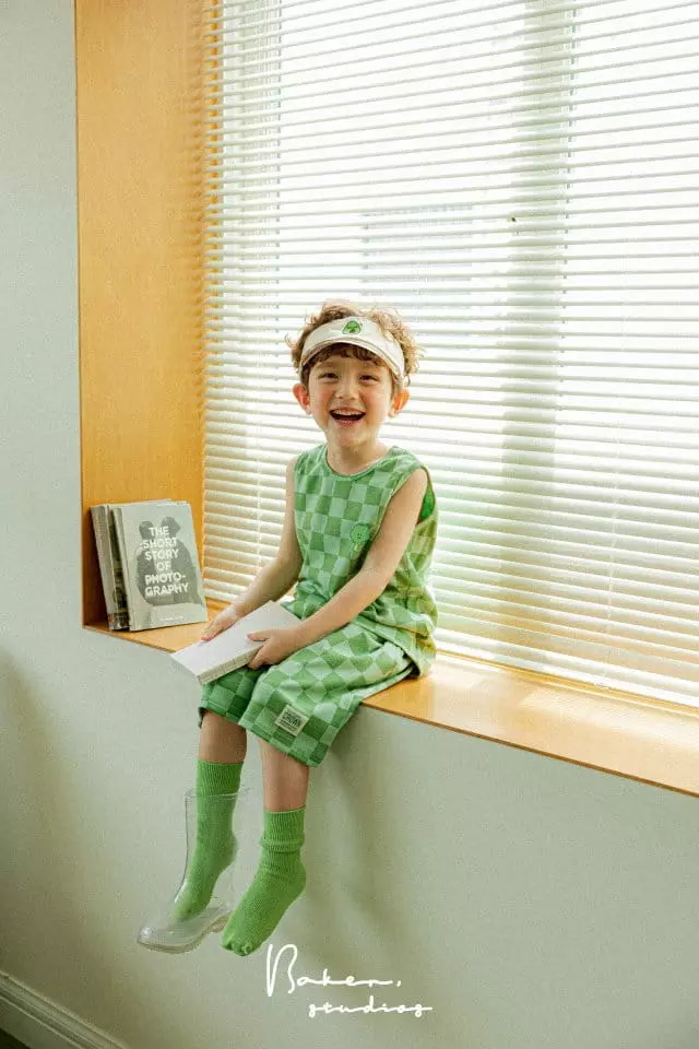 Baker - Korean Children Fashion - #minifashionista - Broccoli Check Sleeveless Top Bottom Set - 8