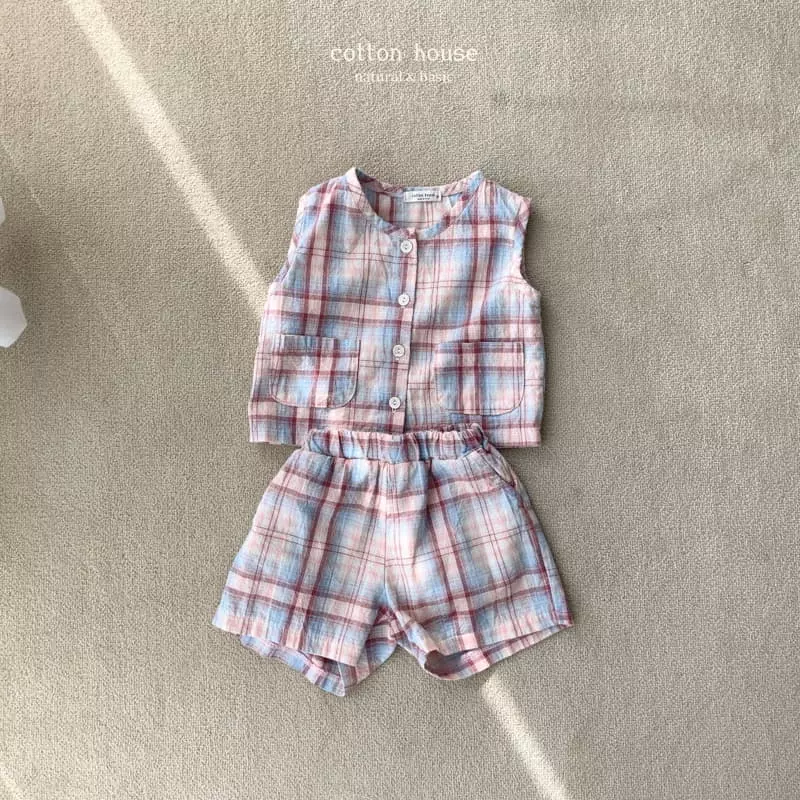 Cotton House - Korean Children Fashion - #fashionkids - Check Danjjak Set-up - 2