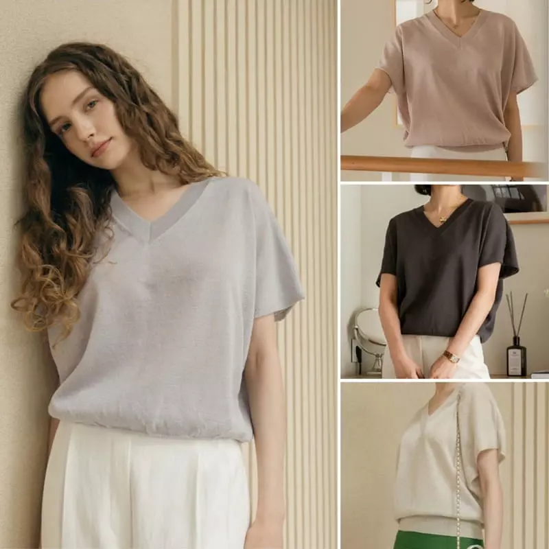 Floaty - Korean Women Fashion - #womensfashion - Linen Alie V Neck Loose Fit Knit Tee
