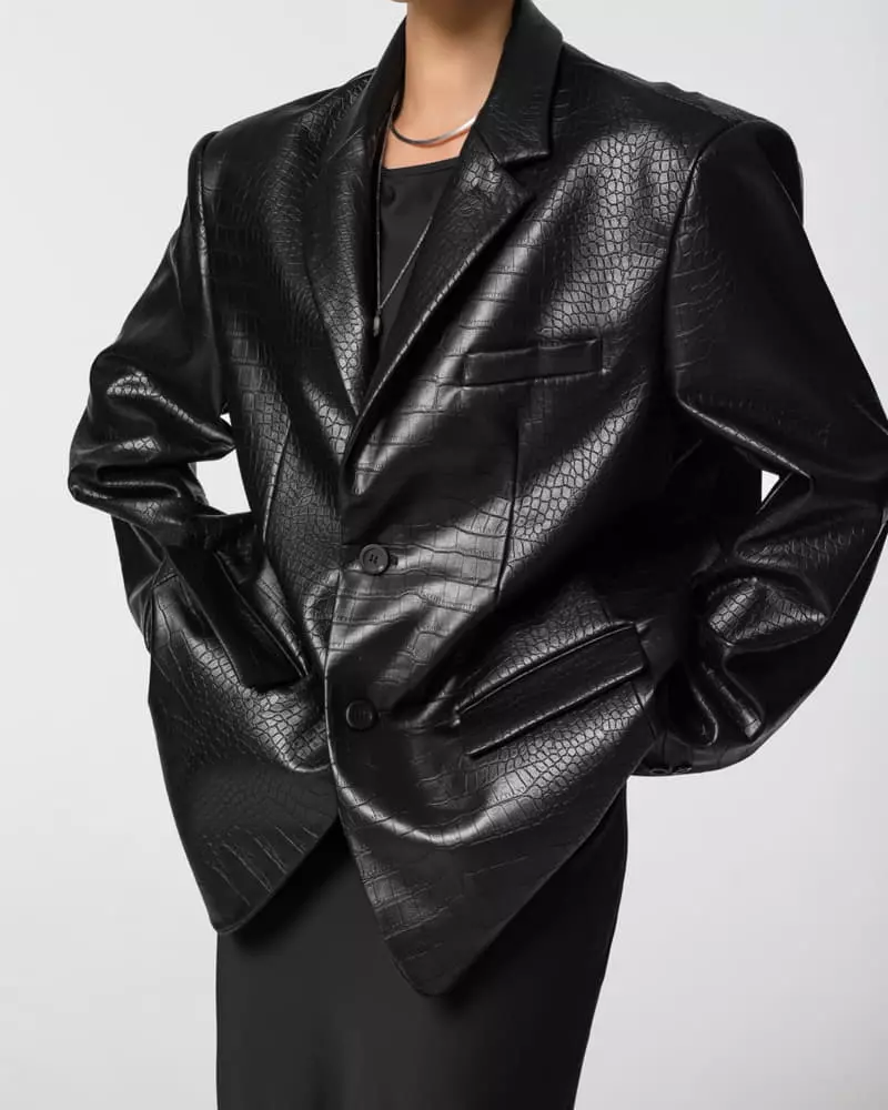 Paper Moon - Korean Women Fashion - #momslook - Vegan Crocodile Leather Single Breasted Blazer - 6