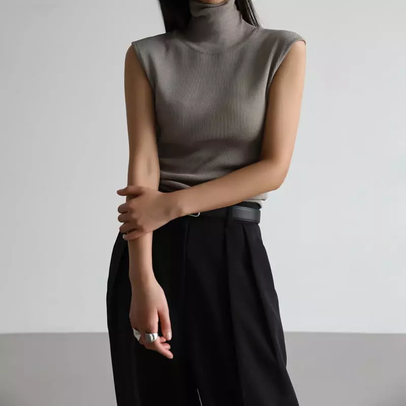 Paper Moon - Korean Women Fashion - #momslook - Turtleneck Rib Sleeveless Knit Top - 6