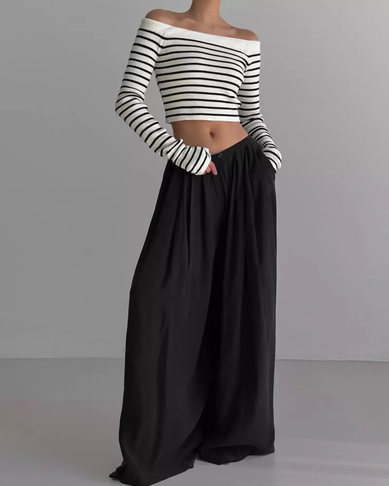 Paper Moon - Korean Women Fashion - #momslook - Off Shoulder Crop Knit Tee