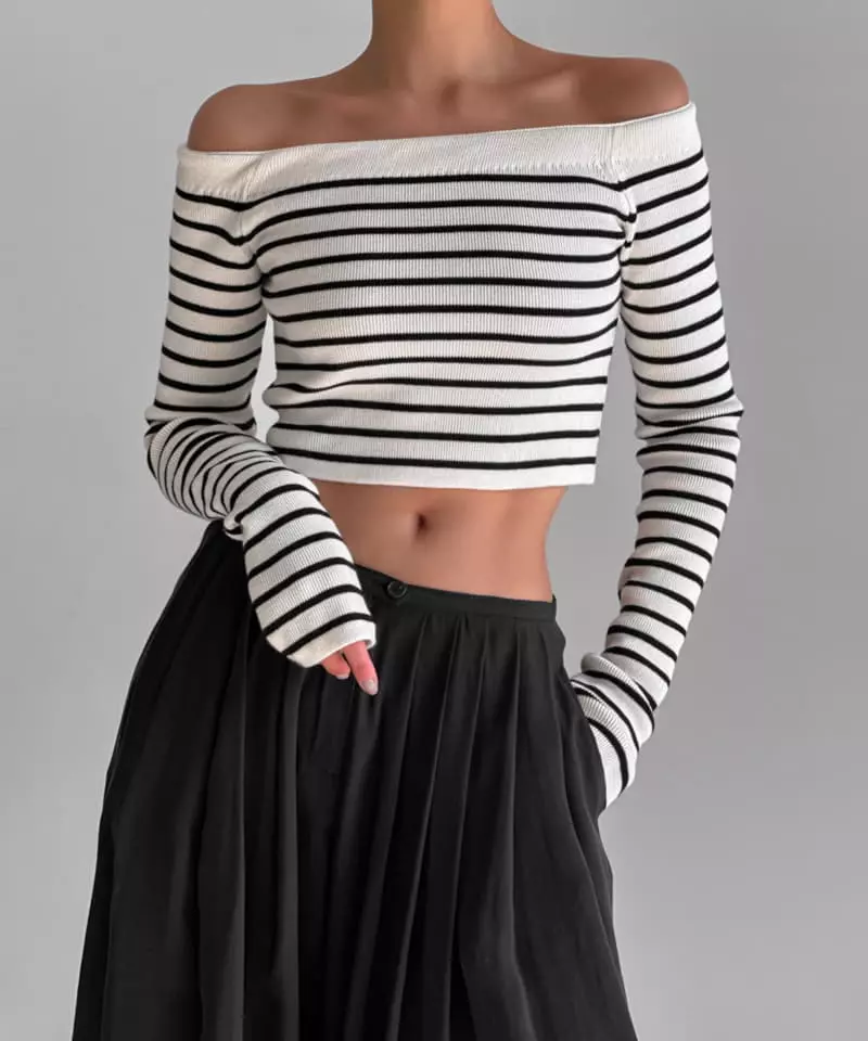 Paper Moon - Korean Women Fashion - #momslook - Off Shoulder Crop Knit Tee - 3