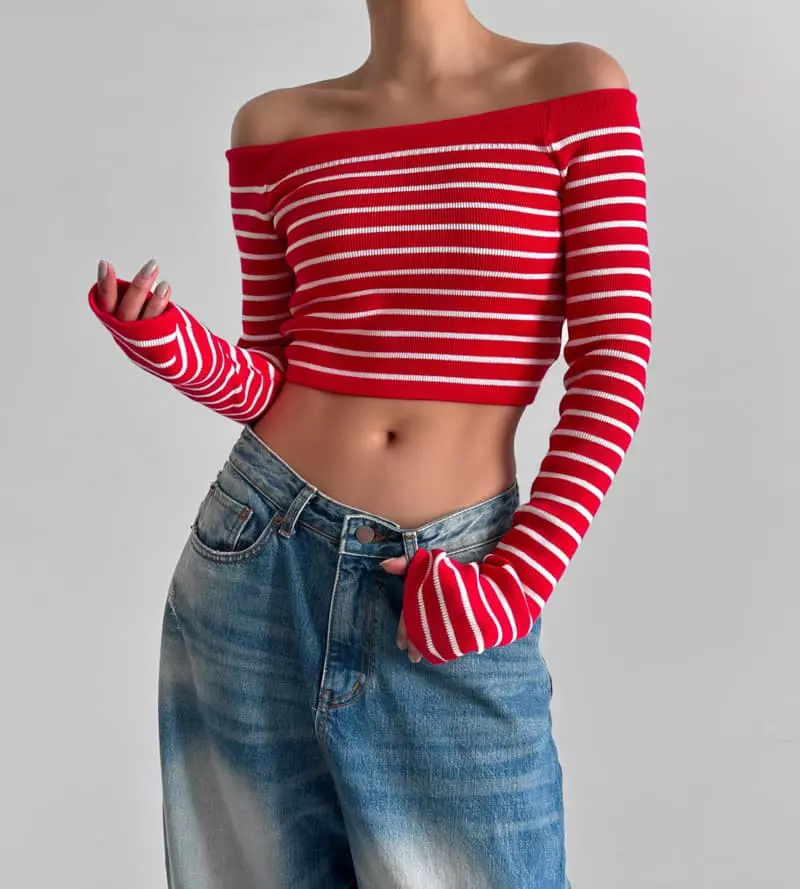 Paper Moon - Korean Women Fashion - #momslook - Off Shoulder Crop Knit Tee - 5