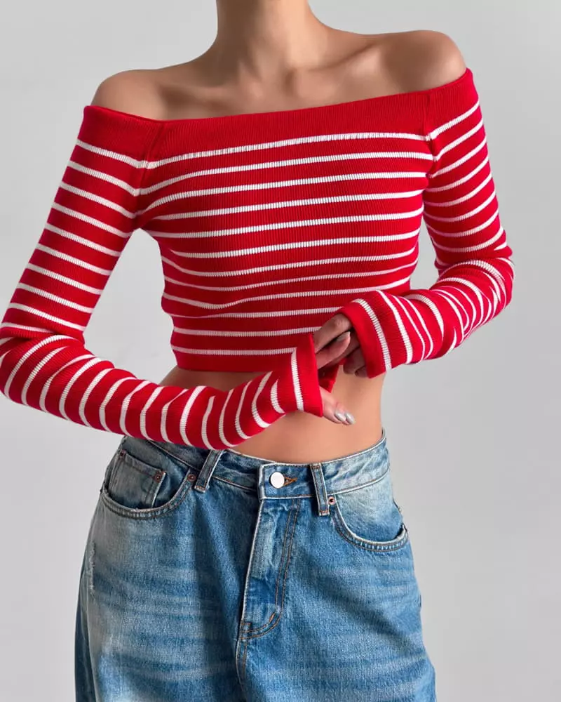 Paper Moon - Korean Women Fashion - #momslook - Off Shoulder Crop Knit Tee - 8