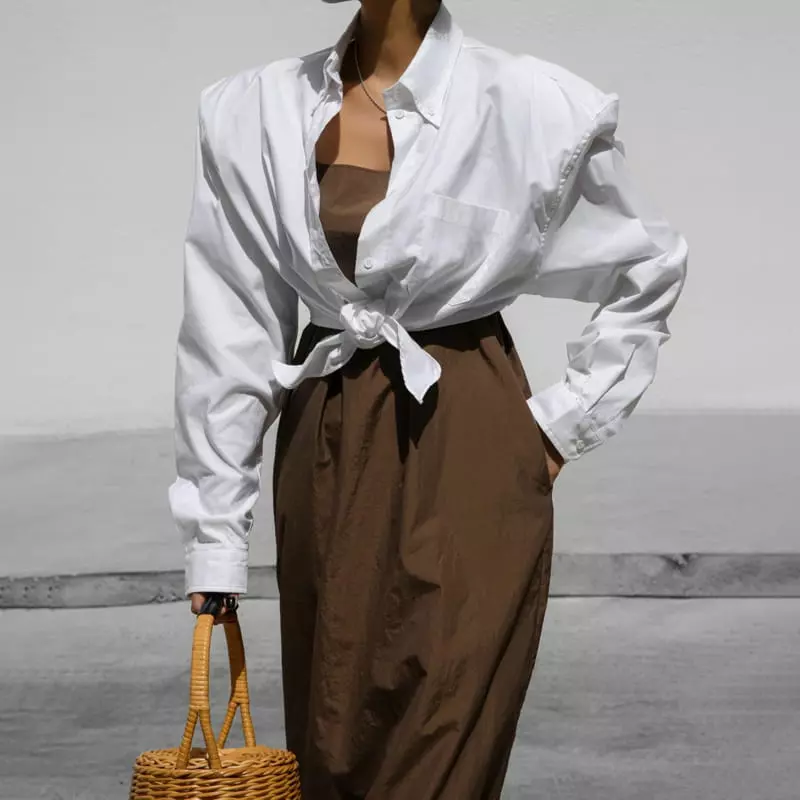 Paper Moon - Korean Women Fashion - #womensfashion - Knot Detail Padded Shoulder Cropped Button Down Shirt - 4