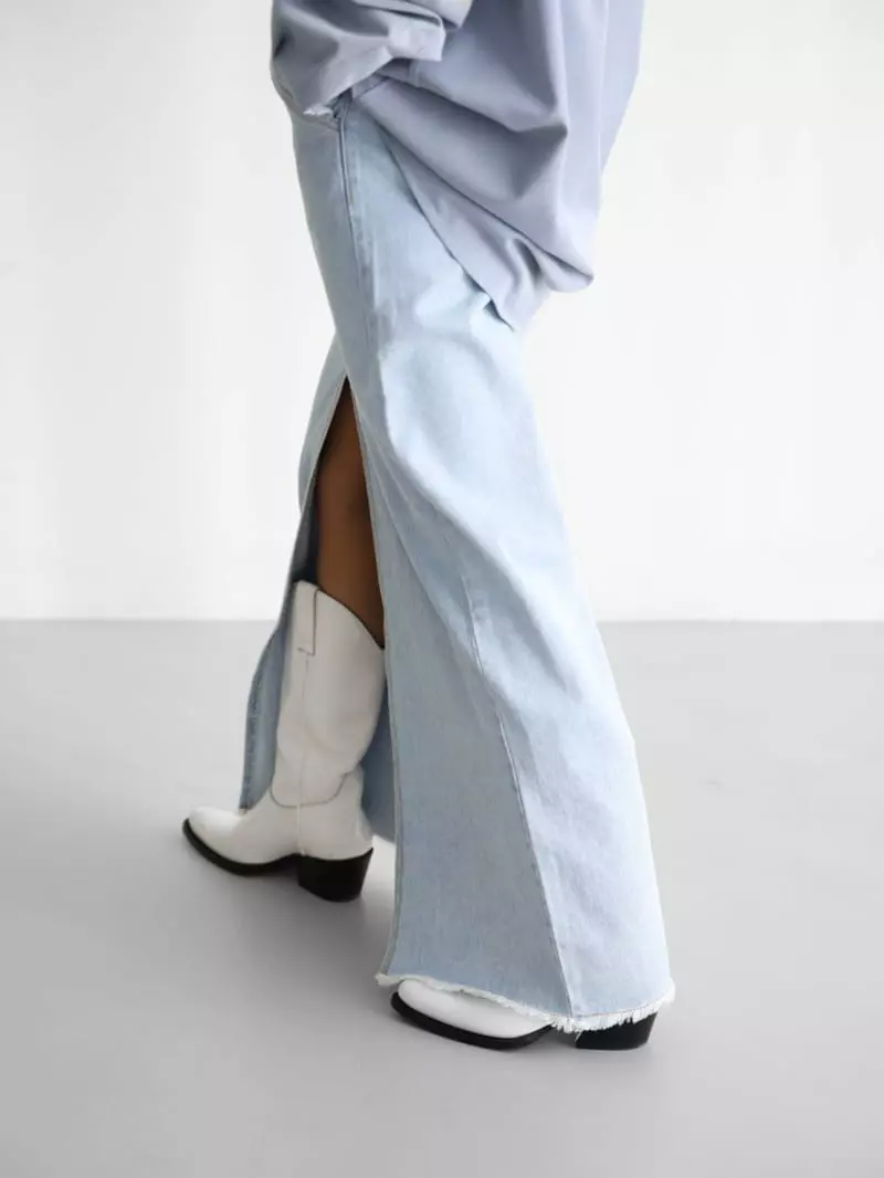Paper Moon - Korean Women Fashion - #momslook - Iced Blue Maxi Front Slit Flared Denim Skirt - 10