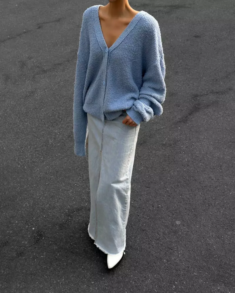 Paper Moon - Korean Women Fashion - #momslook - Iced Blue Maxi Front Slit Flared Denim Skirt - 2