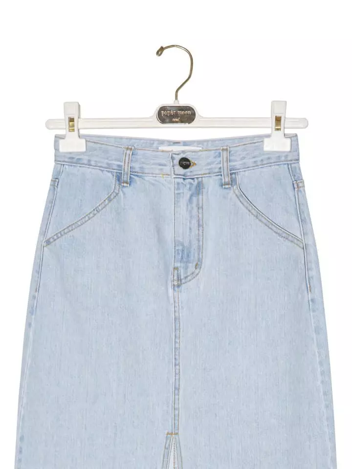 Paper Moon - Korean Women Fashion - #shopsmall - Iced Blue Maxi Front Slit Flared Denim Skirt - 2