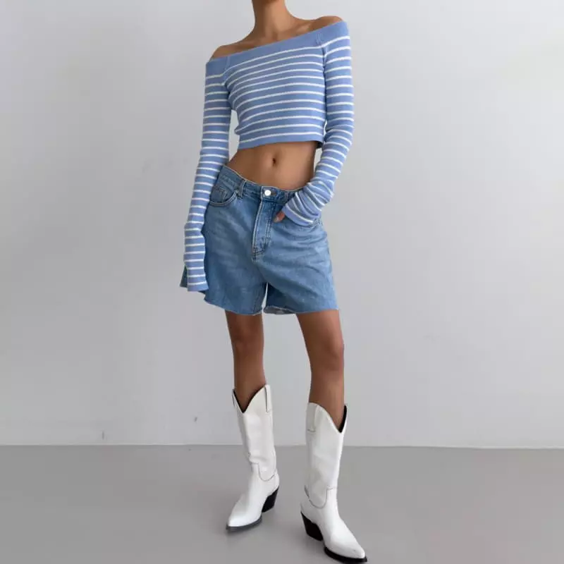 Paper Moon - Korean Women Fashion - #vintageinspired - Off Shoulder Crop Knit Tee - 11