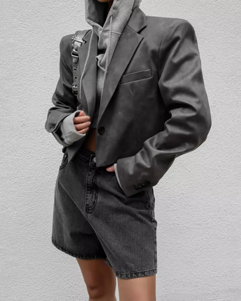 Paper Moon - Korean Women Fashion - #womensfashion - Cropped Vintage Leather Blazer Jacket