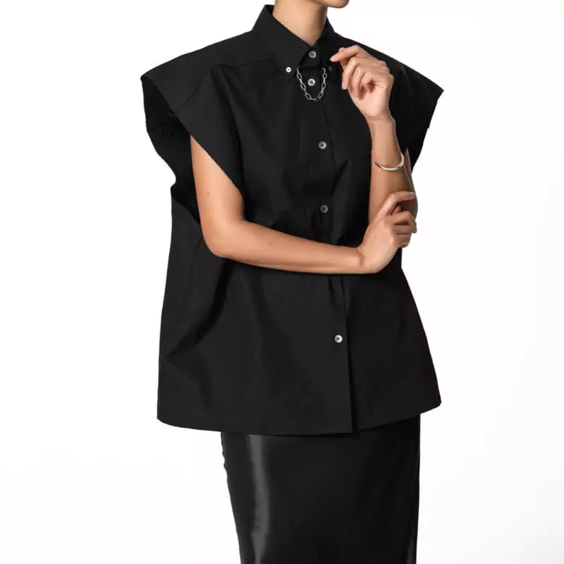 Paper Moon - Korean Women Fashion - #womensfashion - Chain Necklace Detail Oversized Squared Sleeveless Button Down Shirt - 12