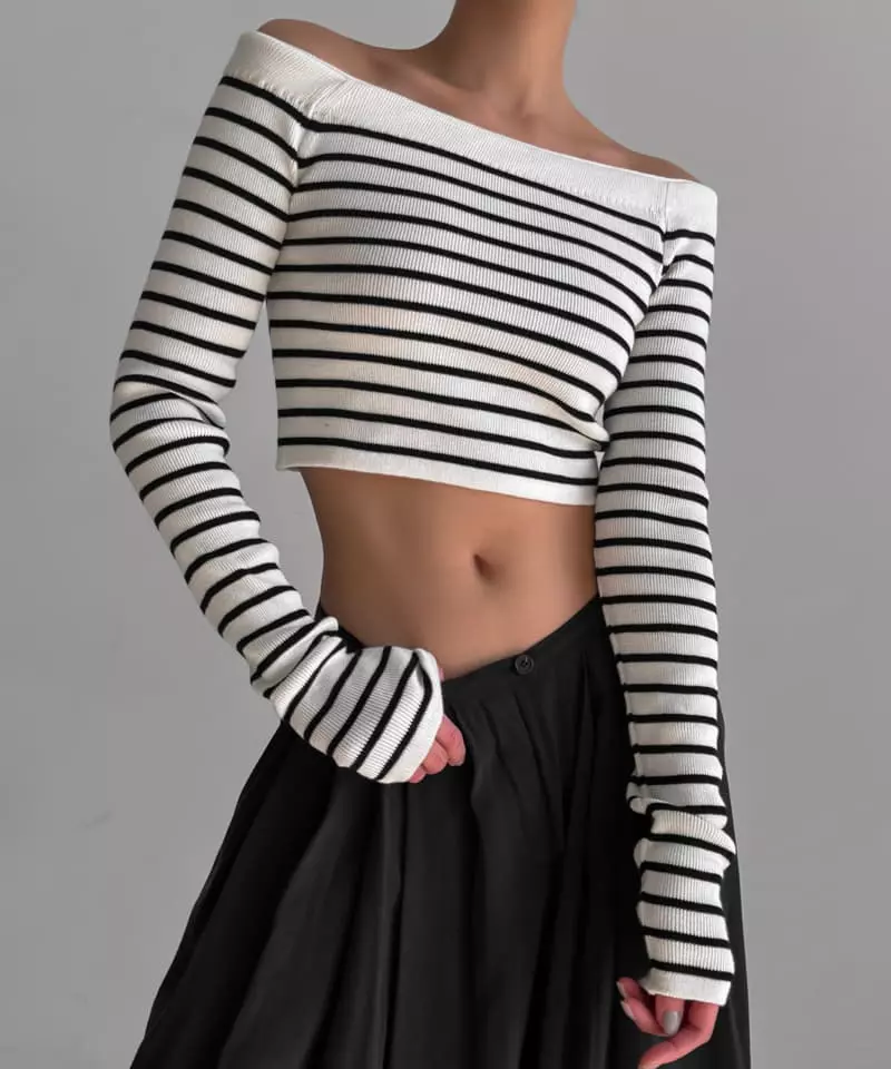 Paper Moon - Korean Women Fashion - #womensfashion - Off Shoulder Crop Knit Tee - 2