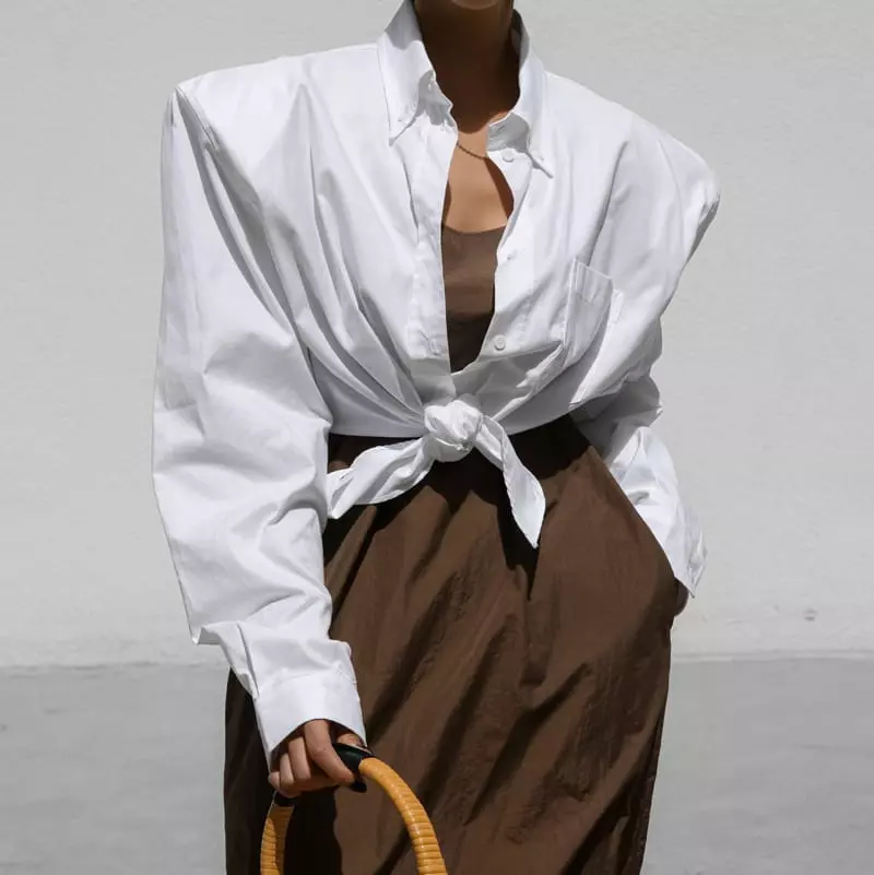 Paper Moon - Korean Women Fashion - #womensfashion - Knot Detail Padded Shoulder Cropped Button Down Shirt