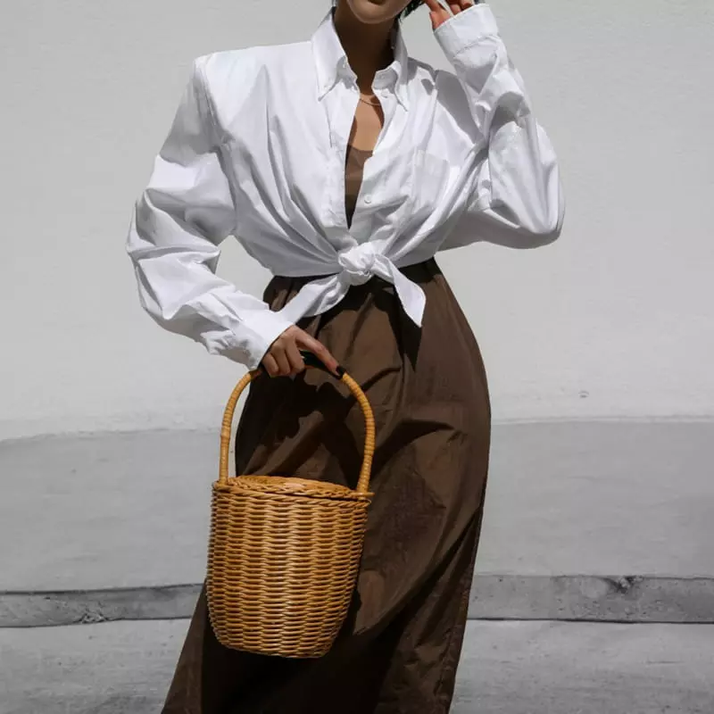 Paper Moon - Korean Women Fashion - #womensfashion - Knot Detail Padded Shoulder Cropped Button Down Shirt - 3