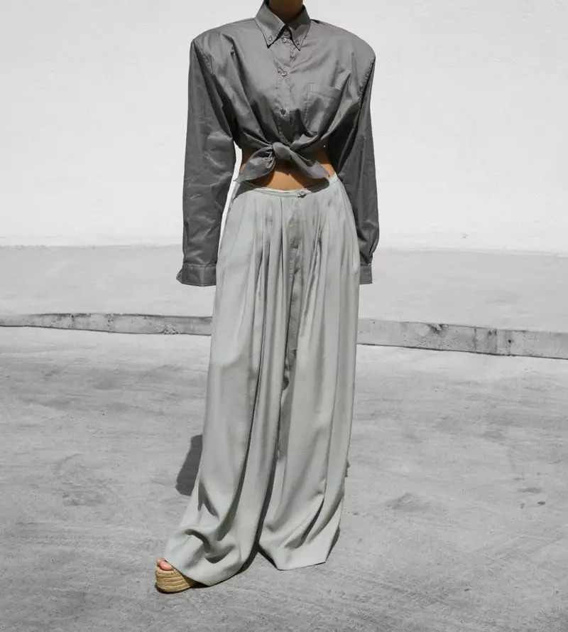 Paper Moon - Korean Women Fashion - #womensfashion - Knot Detail Padded Shoulder Cropped Button Down Shirt - 5