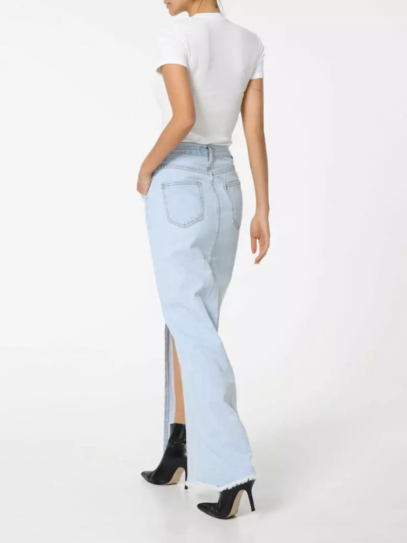 Paper Moon - Korean Women Fashion - #womensfashion - Iced Blue Maxi Front Slit Flared Denim Skirt - 11