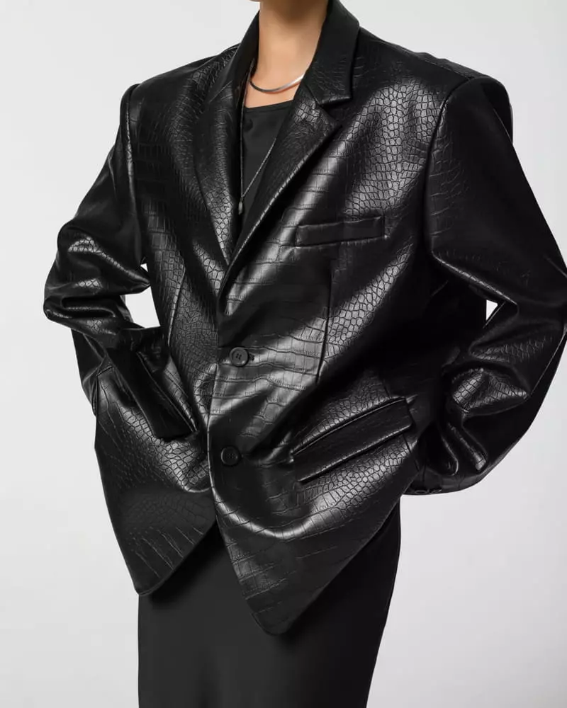 Paper Moon - Korean Women Fashion - #womensfashion - Vegan Crocodile Leather Single Breasted Blazer - 6