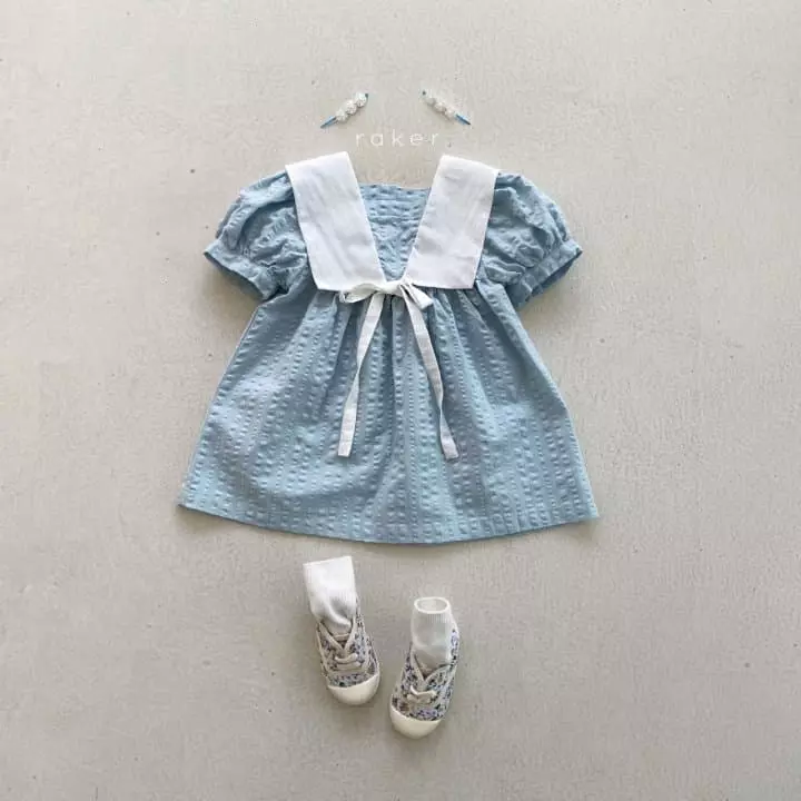 Raker - Korean Children Fashion - #kidsstore - Ribbon Collar One-piece Sky - 3